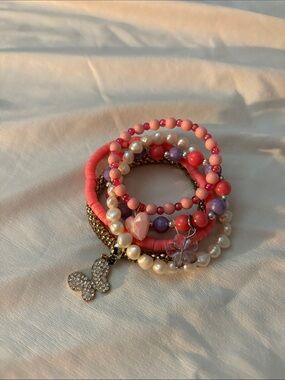Coral Pink Beaded Bracelet Stack with Pearl & Butterfly Charm